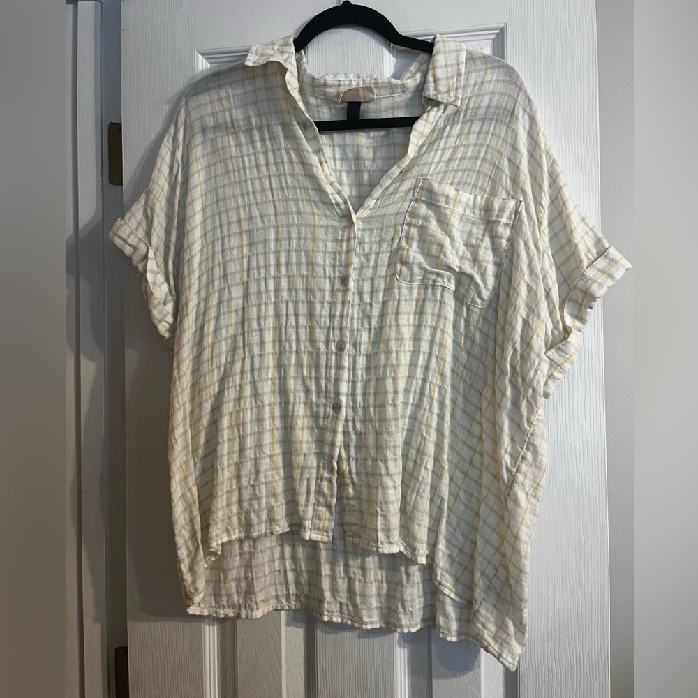 Universal Thread button down shirt, cream with green and yellow plaid.